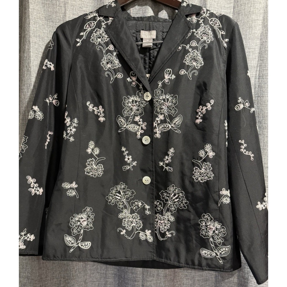 Sigrid Olsen Silk Quilted Jacket Womans Sz 10 Black Pink Floral Beaded NWT Vntg